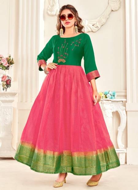 Green And Pink Colour Hoor Rahul NX New latest Designer Ethnic Wear Pure Organza Anarkali Kurti Collection 1005